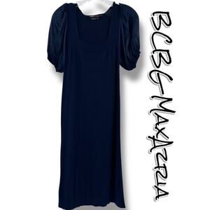 BCBGMaxAzria Silk Cashmere Blend Puff Sleeve Dress Navy Blue Shift Womens S